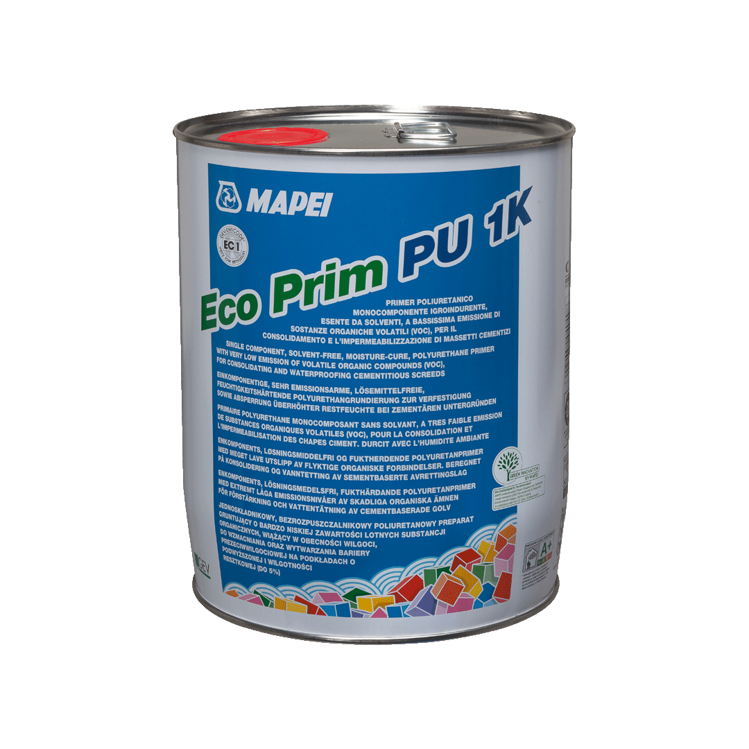 ECO PRIM PU 1K – Primer poliuretanico monocomponente igroindurente, esente da solventi, a bassissima emissione di sostanze organiche volatili (VOC), per il consolidamento e l’impermeabilizzazione di massetti cementizi.