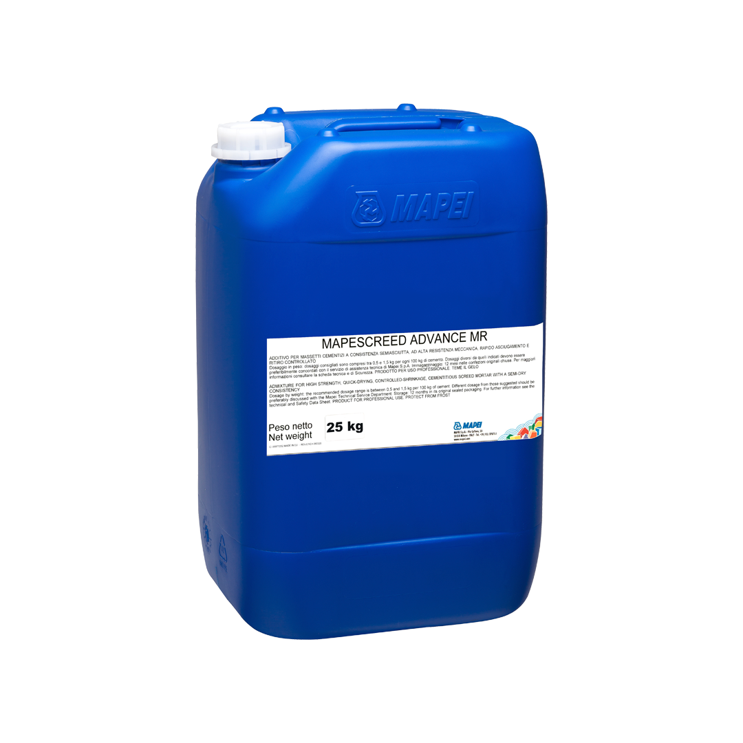 MAPESCREED ADVANCE MR (25Kg) – Additivo polimerico per massetti di supporto cementizi in consistenza semi-umida, ad alta resistenza meccanica e ritiro controllato.