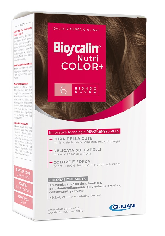 BIOSCALIN NUTRICOLOR PLUS 6 BIONDO SCURO CREMA COLORANTE 40 ML + RIVELATORE CREMA 60 ML + SHAMPOO 12 ML + TRATTAMENTO FINALE BALSAMO 12 ML - immagine 2